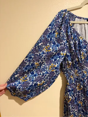 J. Crew V-neck Midi Dress in Fête Floral Print Blue Satin Long Sleeves Medium thumbnail 10