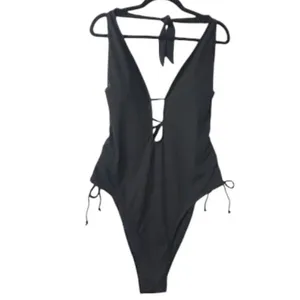 Black Plunge Tie Side‎ Ruched One Piece Swimsuit Adjustable Bathing Suit XS thumbnail 13