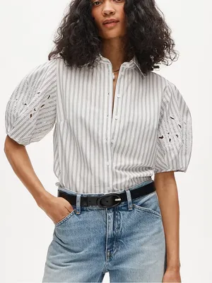 J crew eyelet puff sleeve shirt in striped cotton poplin thumbnail 1