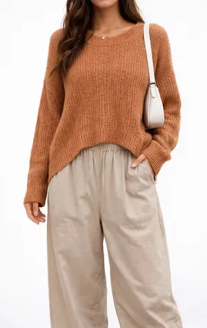 Aerie chunky knit sweater in a light brown or burnt orange color thumbnail 1
