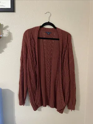 American Eagle Fringe Cable Knit Open Front Cardigan Rust Size XS/S Oversized thumbnail 2
