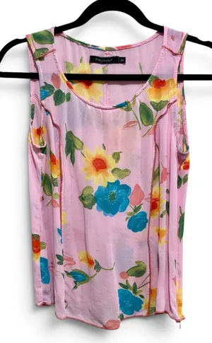 Pink Floral Sheer Viscose Tank Top Contrast Seams Size 34 XS thumbnail 1