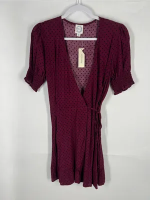 Blue Rain Burgundy Polka Dot Wrap Mini‎ Dress thumbnail 2