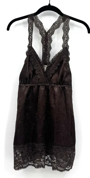 Vintage Y2K Satin Lace Babydoll Top Sz M Brown Coquette Lace Trim Fairy Romantic thumbnail 1