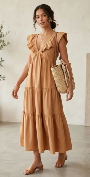 TCEC Ruffle V-Neck Tiered Maxi Dress in Camel thumbnail 1