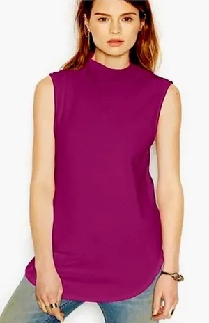 Free People Mock Neck Sleeveless Top w/ Raw Hem Plum Purple NWT thumbnail 1