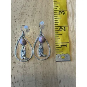 Women’s Cowboy Boot‎ Pink Turquoise Glass Bead & Silver Tone Dangle Earrings NEW thumbnail 4