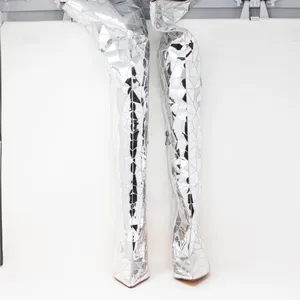 NEW Azalea Wang Shattered Disco Over The Knee High Heels Boots Shoes Silver 6 thumbnail 2