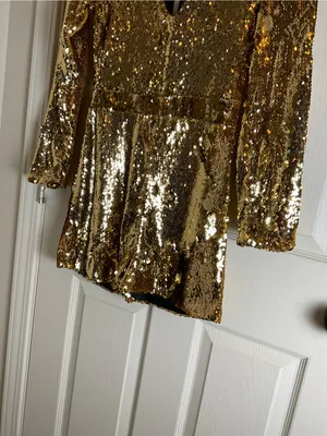 HAODUOYI Gold Sequin V-Neck Long Sleeve Party Romper - Size Medium thumbnail 3
