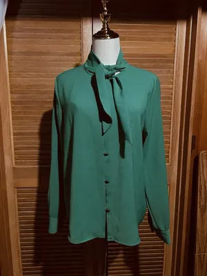 ZARA Green Chiffon Polyester Collared Tie Neck Button Blouse Long Sleeve M thumbnail 4