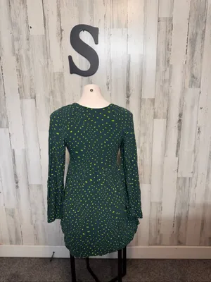 BP Nordstrom Dark Green Polka Dot Long Sleeve Smocked Mini Dress Womens Small Bo thumbnail 5