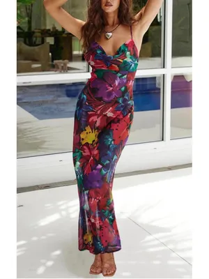 PRETTYGARDEN NEW Floral Spaghetti Strap Maxi Dress Stretch Bodycon L thumbnail 2