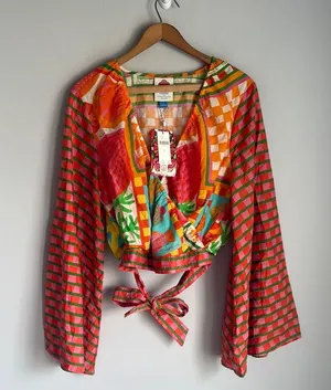 NEW Farm Rio x Anthropologie Bell-Sleeve Wrap Top Large thumbnail 2
