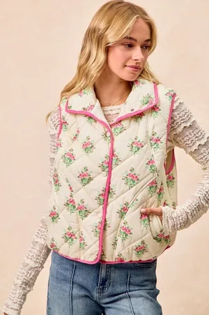 BiBi Floral Print Piping Detail Quilted Vest - Cream/Pink - Large thumbnail 1