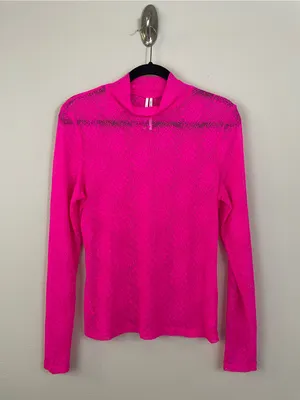 Anthropologie Bright Pink Floral Sheer Lace Long Sleeve Mock Neck Top Size Large thumbnail 3