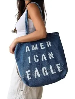 American Eagle‎ Outfitters Blue Denim Tote Bag Stenciled Logo Distressed Cotton thumbnail 1