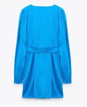 ZARA New with tags Blue Satin Effects Belted dress. thumbnail 5