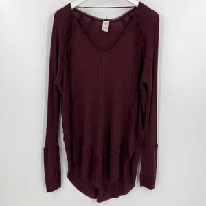 We The Free People Laguna Waffle Knit Top Burgundy Red‎ Long Sleeves Size Medium thumbnail 3
