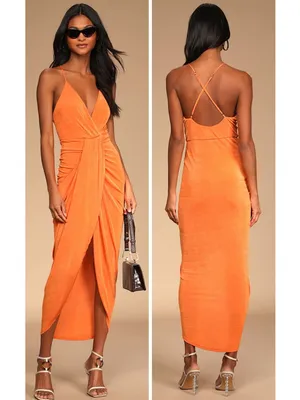 Lulus Dreamy Date Orange Surplice Midi Dress Size Small Sleeveless Sexy Mobwife thumbnail 2