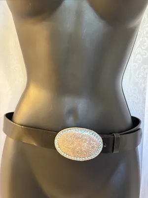 Black Leather Belt with Decorative Silver-Tone Oval Buckle & Rhinestones Sz: S thumbnail 2