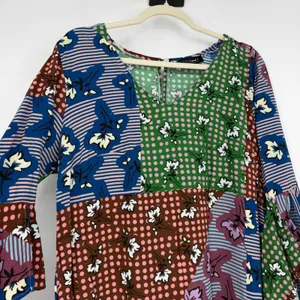 Eloquii Patchwork Floral Polka Dot Bell Sleeve Mini Dress Size 14 Fall Leaf thumbnail 4