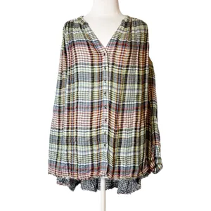 Free People Come On Over Plaid Top Oversized High Low Button‎ Front Blouse Small thumbnail 10