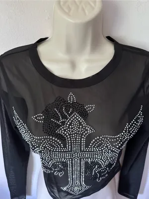 Black Mesh Long-Sleeve Crop Top with Rhinestone Cross thumbnail 6
