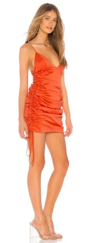 NBD Dex‎ Ruched Drawstring Adjustable Side Tie Poppy Orange Mini Dress Sz Small thumbnail 1