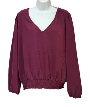 Mine Britton Womens XL Plum V-Neck Smocked Hem Tie Back Long Sleeve Blouse thumbnail 1