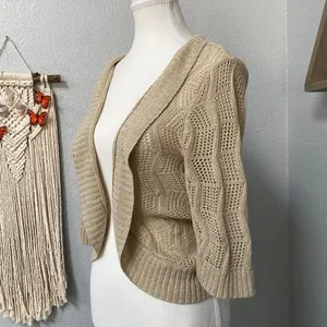 Beige Cream Knit Open Front Quarter Sleeve Bolero Shrug Cardigan Cottagecore thumbnail 3