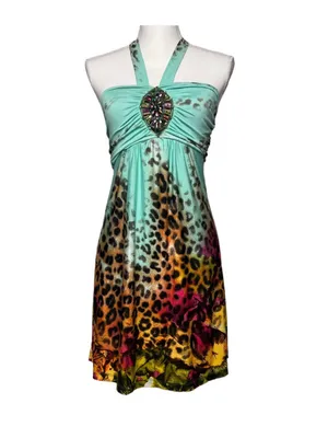 Venus y2k leopard floral halter dress beaded boho festival size small thumbnail 2
