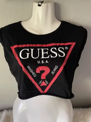 Guess black cropped top with red triangle logo and white text, Women's si thumbnail 3