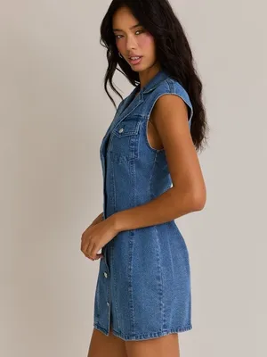 Anthropologie Le Lis Western 90’s Button Front Sleeveless Blue Denim Mini Dress thumbnail 2