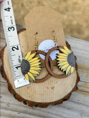 Sunflower Wooden Hoop Dangle Earrings Boho Floral Lightweight Handmade thumbnail 3