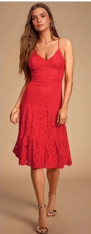 Lulu's Manning Red Lace Tiered‎ Midi Dress thumbnail 1