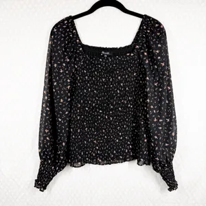 Madewell Black Pink‎ Floral Georgette Lucie Bubble Sleeve Smocked Top thumbnail 2