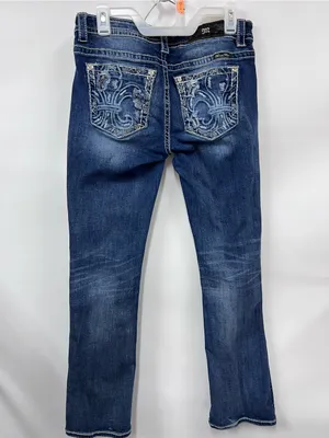 Miss Me Women's Dark Blue sequin Embroidered pockets mid rise Bootcut Jeans 31 thumbnail 13