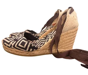 Tory Burch Wedge Espadrille Lace‎ Up Ankle Strap 38 Geometric Canvas Resortwear thumbnail 1