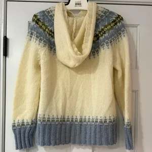 Eddie Bauer Sweater sz M Wool Mohair Blend Hooded Nordic Fair Isle ivory blue thumbnail 6
