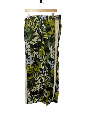 Leaf Print Crochet Trim Wide Leg Pants Green Size XL thumbnail 4