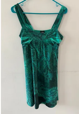 Vanity Womens Y2K Babydoll Dress Size Medium Green Paisley Fairy Mini Sleeveless thumbnail 1