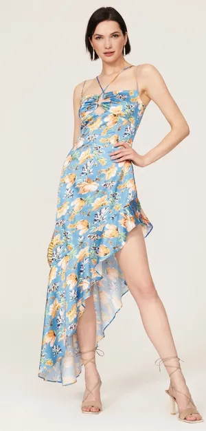 Nookie Simone Blue Floral Satin Asymmetrical Ruffled Cut Out Cocktail Dress L thumbnail 1