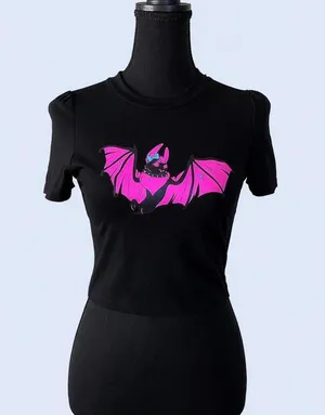 Pink Bat Graphic Black Cropped Baby Tee Size Small 🖤 thumbnail 1