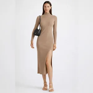 NWT Quince EcoKnit Ribbed Mick Neck Midi sweater dress in warm taupe colorway S thumbnail 2
