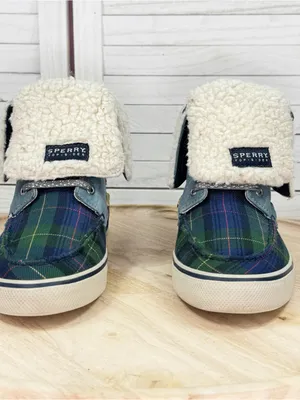 Sperry Tartan Plaid Fleece Lined Fold Over Boots Blue Green Women 11 Preppy thumbnail 3