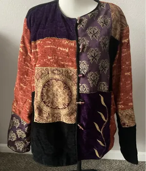 Julia Kim Women's Embroidered‎ Purple Gold Boho hippie Patchwork Jacket Size L thumbnail 1