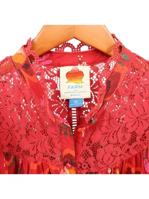 Anthropologie Farm Rio Giustina Lace Blouse Top Short Sleeve Floral Red XS thumbnail 6
