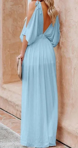 NEW DEEP SELF Light Blue V Neck Short Sleeve Maxi Dress M thumbnail 4