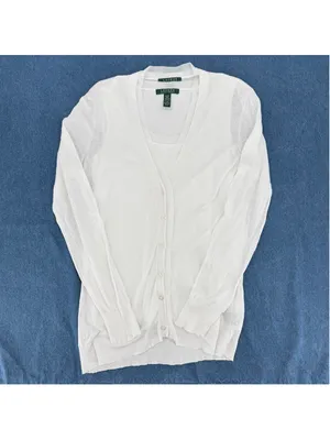Lauren Ralph Lauren White Cardigan & Tank Top Set Linen Cotton Ribbon Trim Med thumbnail 3