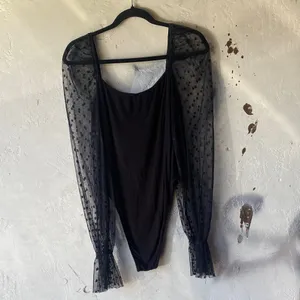 Elegant Square Neck Black Dot Sheer Sleeve Bodysuit Sz Large thumbnail 3